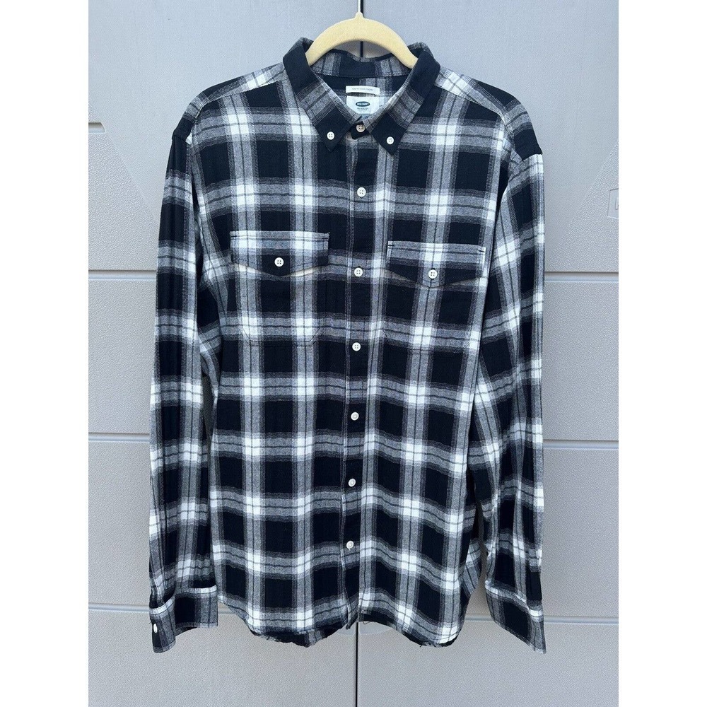 OLD NAVY Men's Slim Plaid Button Up BLACK Shirt Long Sleeve Light Flannel Sz XL